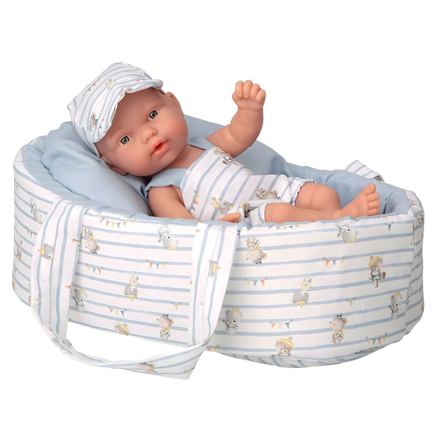 Boneca Elegance 26 cm com alcofa azul em detalhe do produto