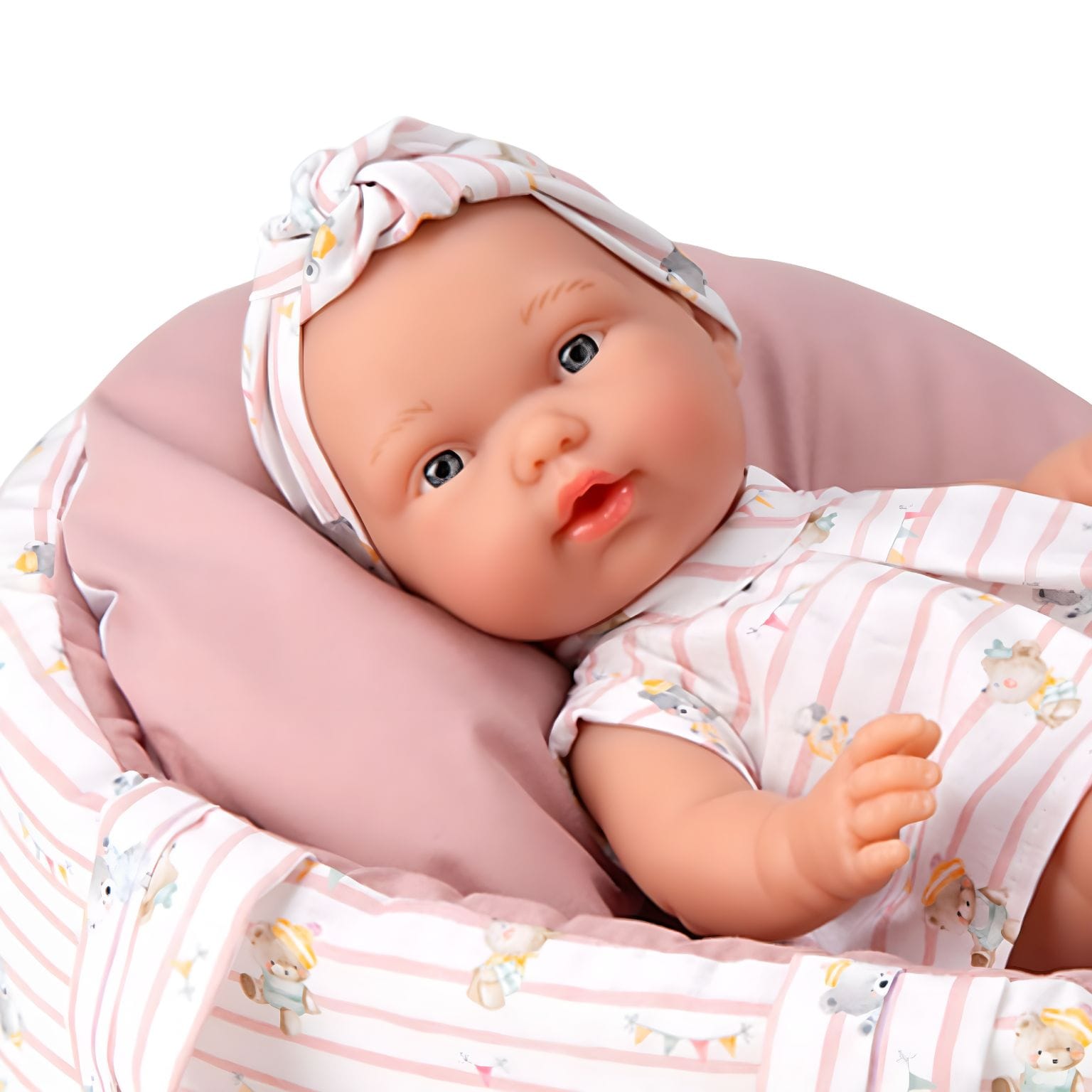 Boneca Elegance 26 cm com alcofa rosa em fotografia do brinquedo
