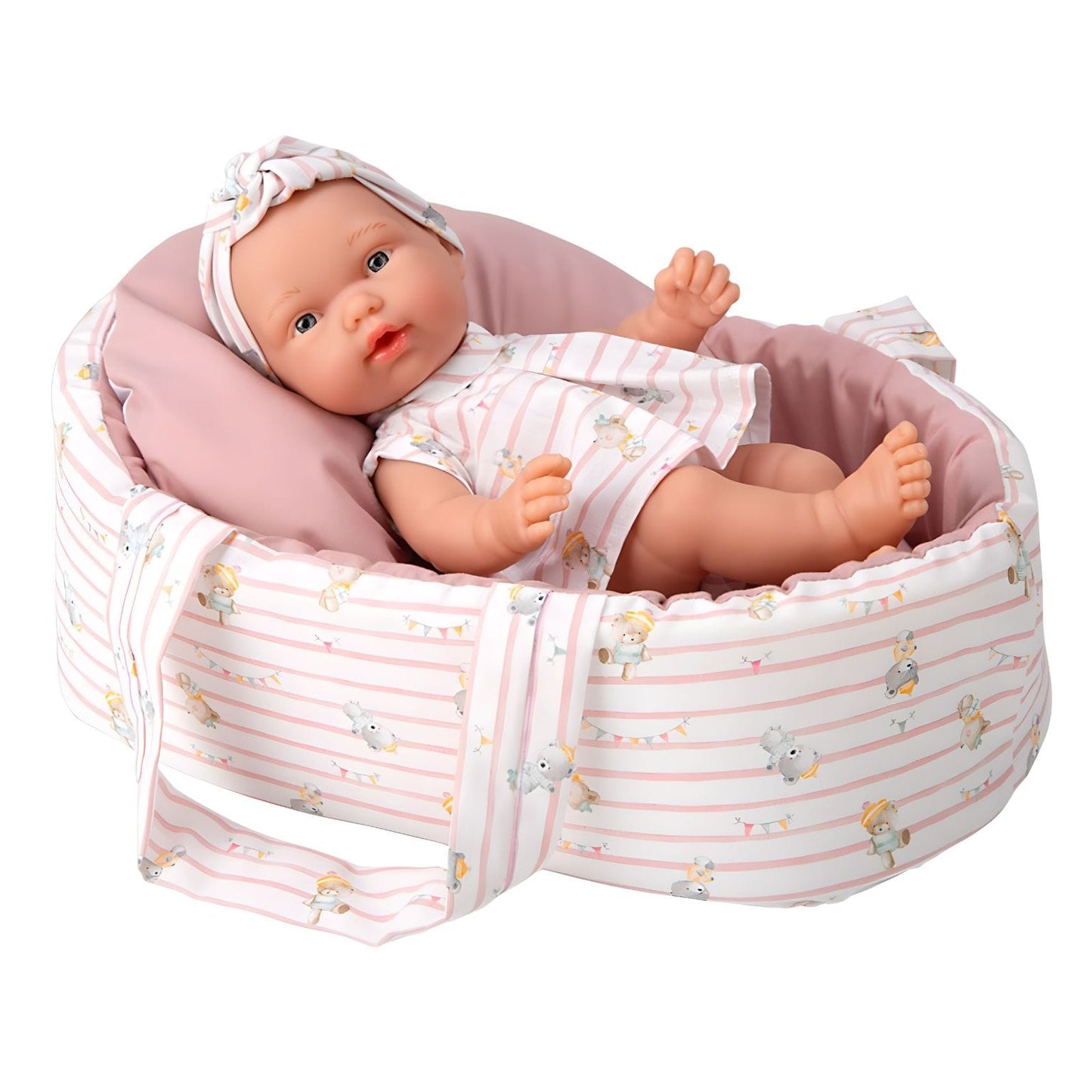 Boneca Elegance 26 cm com alcofa rosa em imagem de produto