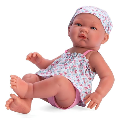 Maria doll with ASI Beach outfit with printed dress and scarf in pink tones