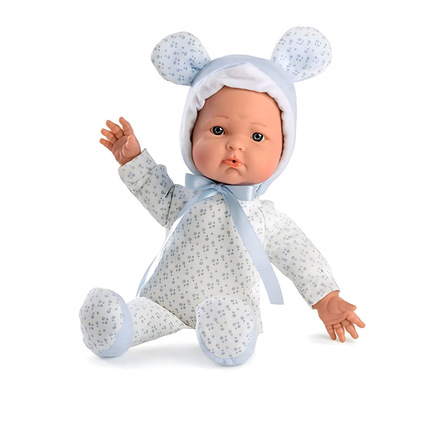Boneca Mimi Azul 36 cm com touca azul clara e expressão meiga