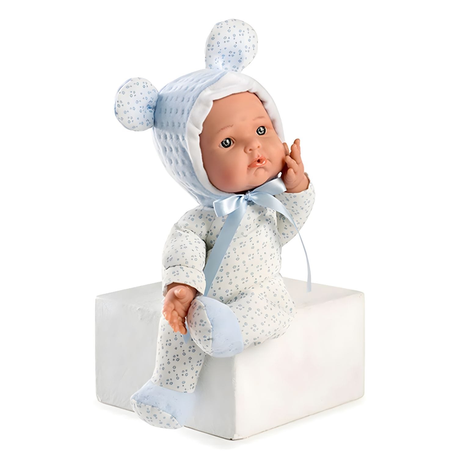 Boneca Mimi Azul 36 cm com touca azul clara e expressão meiga