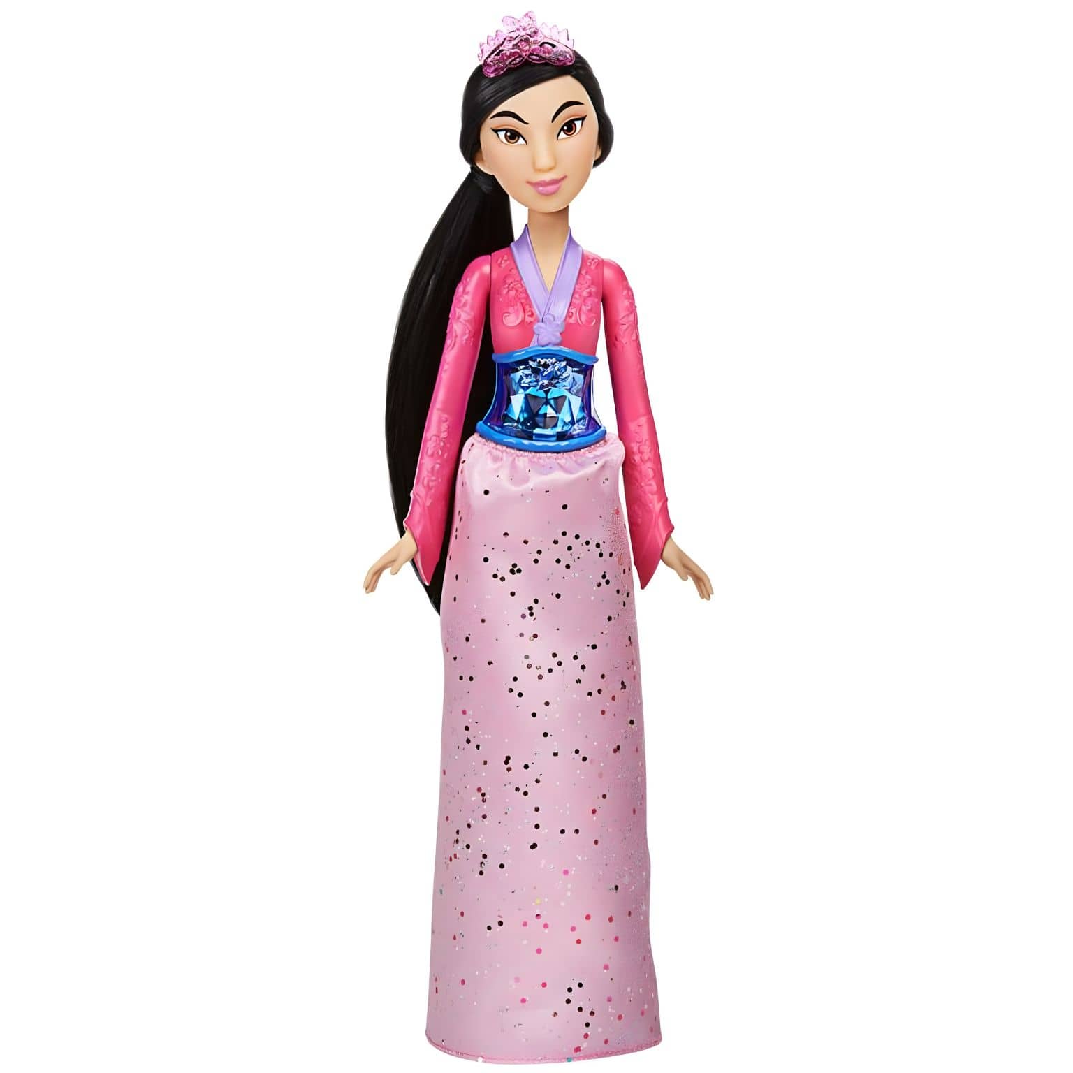 Boneca Princesa Disney - Mulan com vestido rosa brilhante e cabelo preto comprido