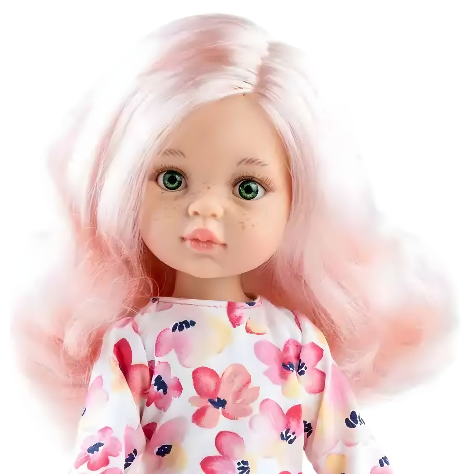 Boneca Rosa com vestido floral da Paola Reina com cabelo rosa e pequena mala
