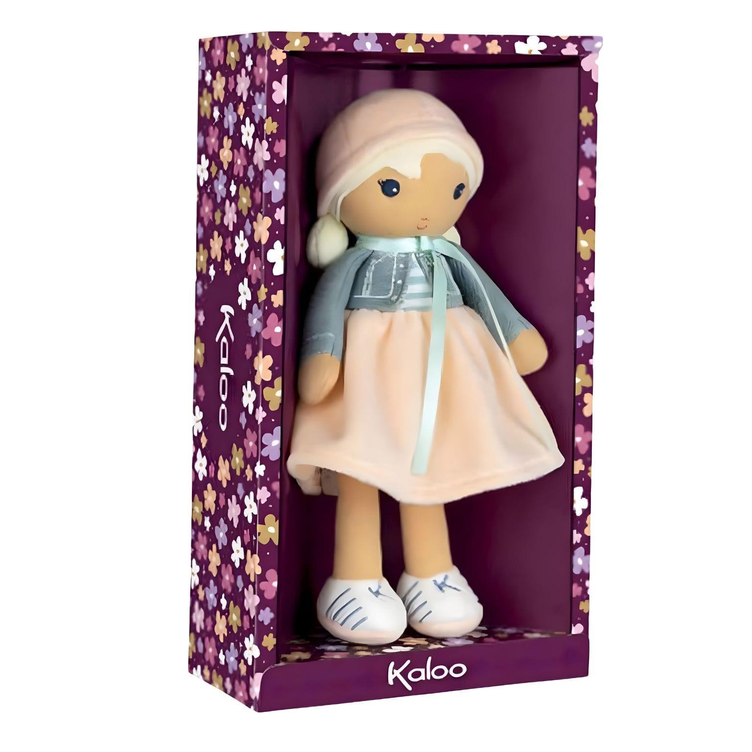 Boneca de Pano Chloe Kaloo com vestido suave, casaco azul e touca rosa em estilo delicado para bebé