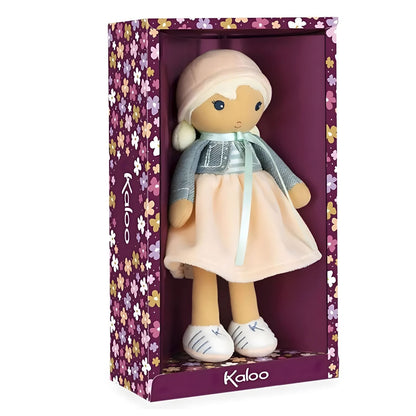 Kaloo Chloe Cloth Doll with soft dress, blue jacket and pink hat in delicate style for baby