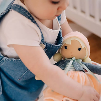Kaloo Chloe Cloth Doll with soft dress, blue jacket and pink hat in delicate style for baby