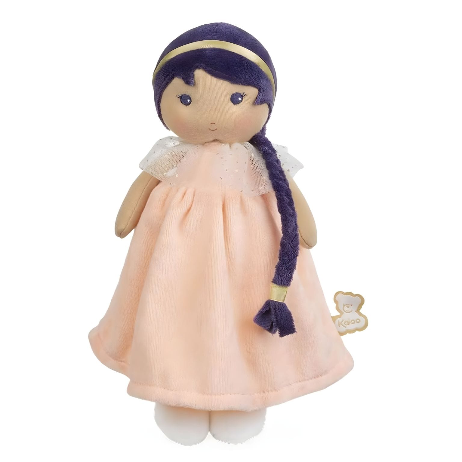 Boneca de Pano Iris da Kaloo com vestido rosa suave, cabelo roxo entrançado e expressão doce