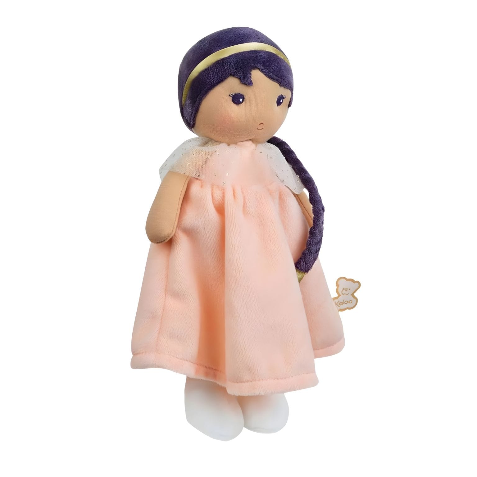 Boneca de Pano Iris da Kaloo com vestido rosa suave, cabelo roxo entrançado e expressão doce