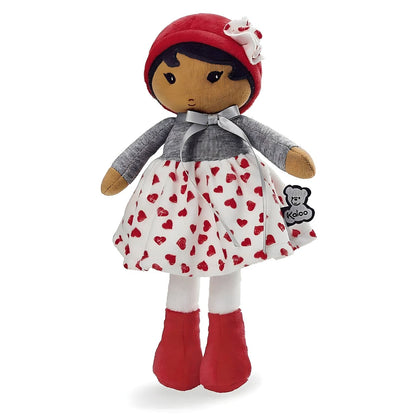Kaloo Jade Cloth Doll with white dress with red hearts, gray sweater and red hat