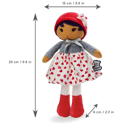 Kaloo Jade Cloth Doll with white dress with red hearts, gray sweater and red hat