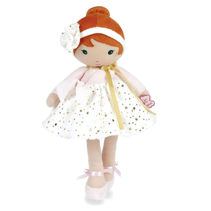 Kaloo Valentine cloth doll with red hair, white dress with gold stars and delicate bow