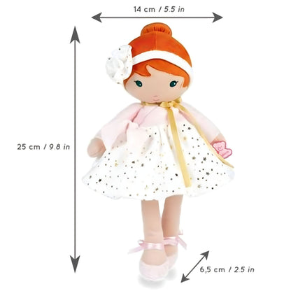 Kaloo Valentine cloth doll with red hair, white dress with gold stars and delicate bow