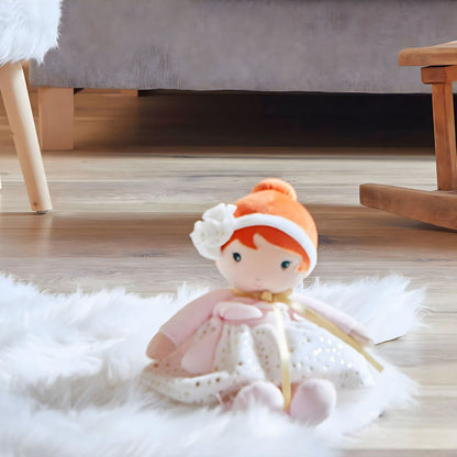 Kaloo Valentine cloth doll with red hair, white dress with gold stars and delicate bow