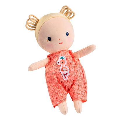 Ágata cloth doll with carrycot seen in detail for pretend play
