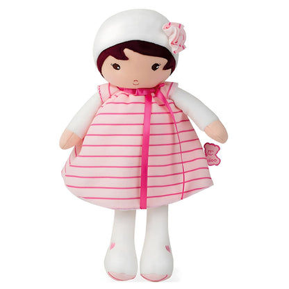 Kaloo Rose cloth doll with pink striped dress, white hat and side flower