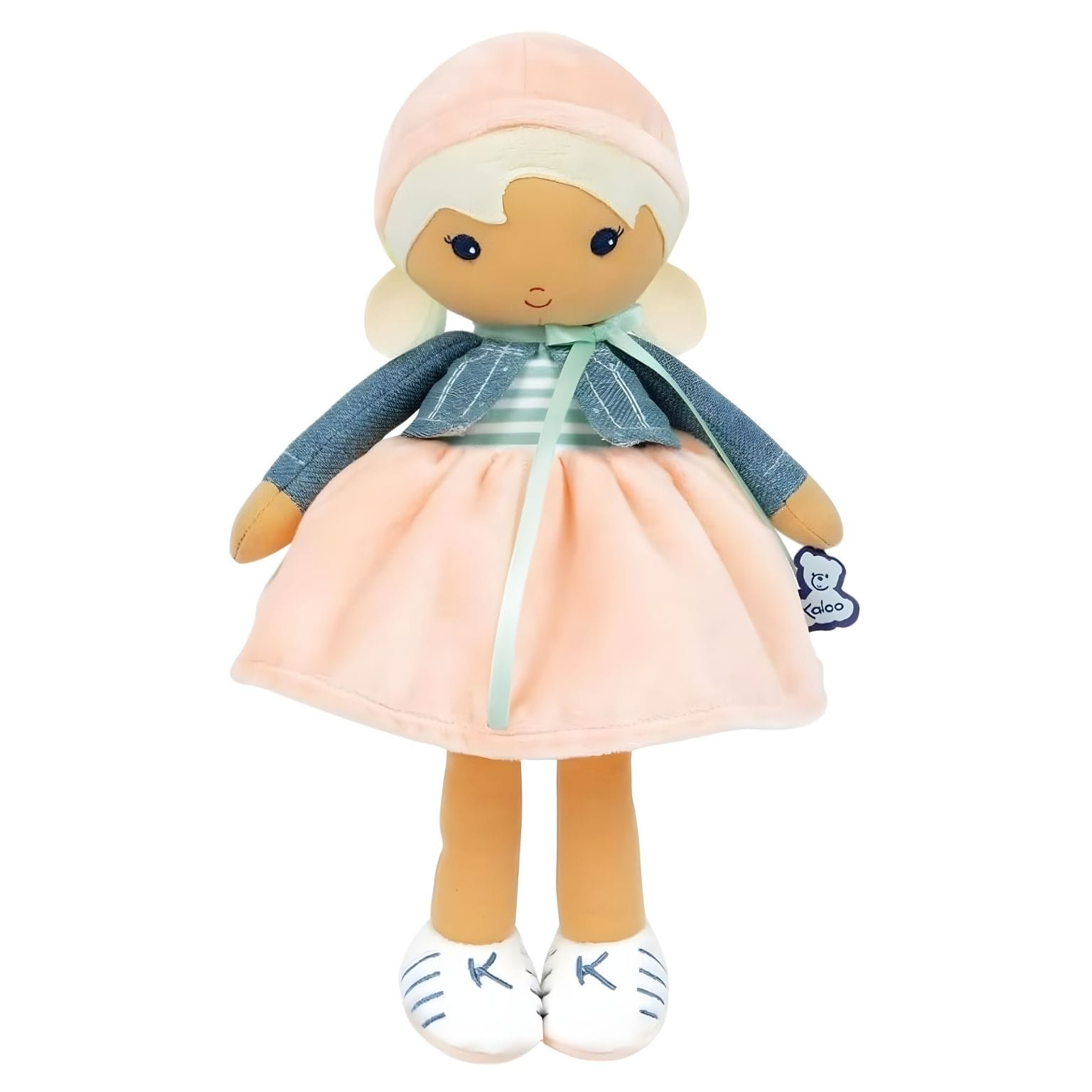 Boneca de Pano Chloe Kaloo com vestido suave, casaco azul e touca rosa em estilo delicado para bebé