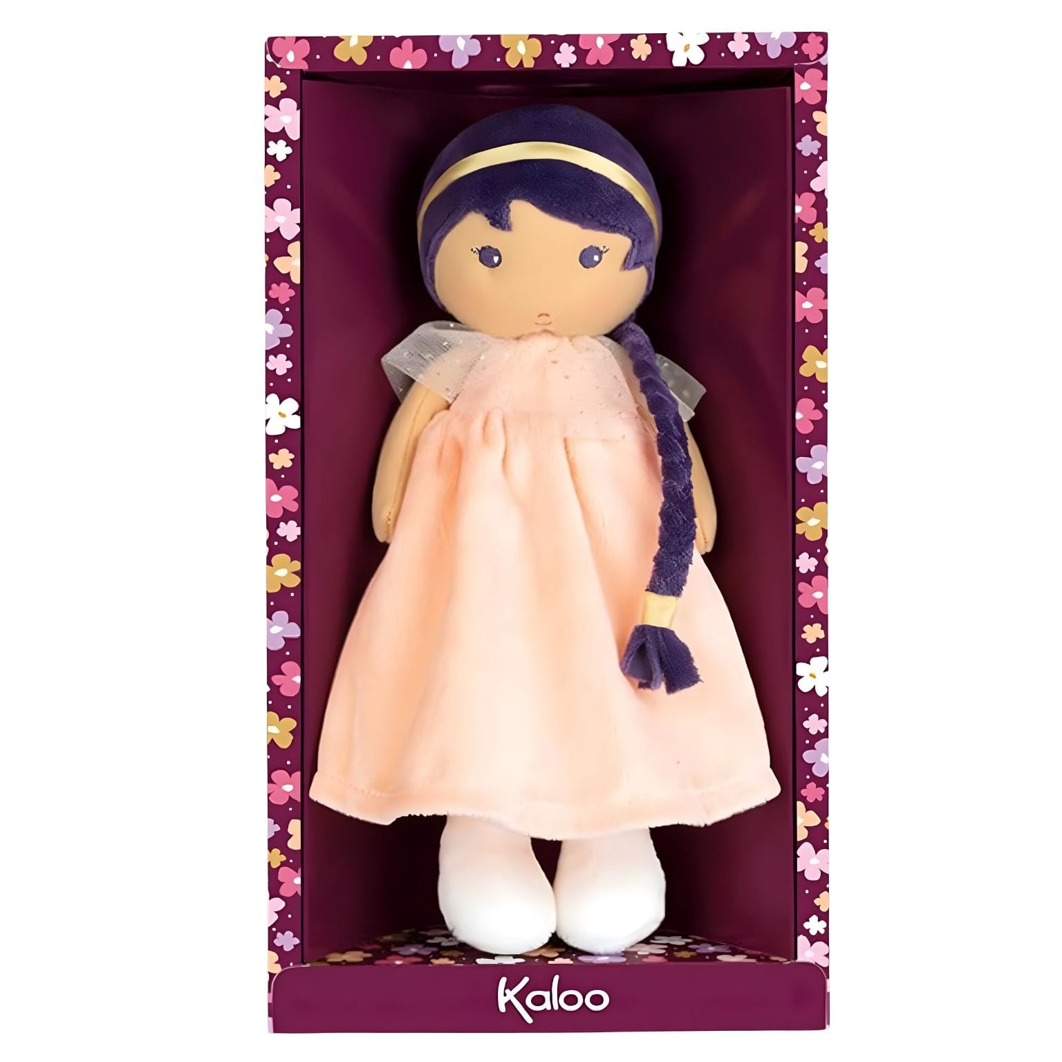 Boneca de Pano Iris da Kaloo com vestido rosa suave, cabelo roxo entrançado e expressão doce