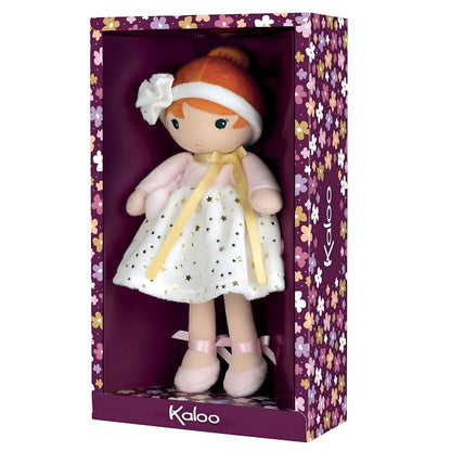 Kaloo Valentine cloth doll with red hair, white dress with gold stars and delicate bow