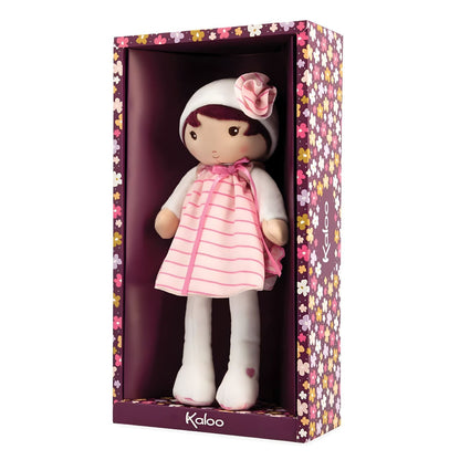 Kaloo Rose cloth doll with pink striped dress, white hat and side flower