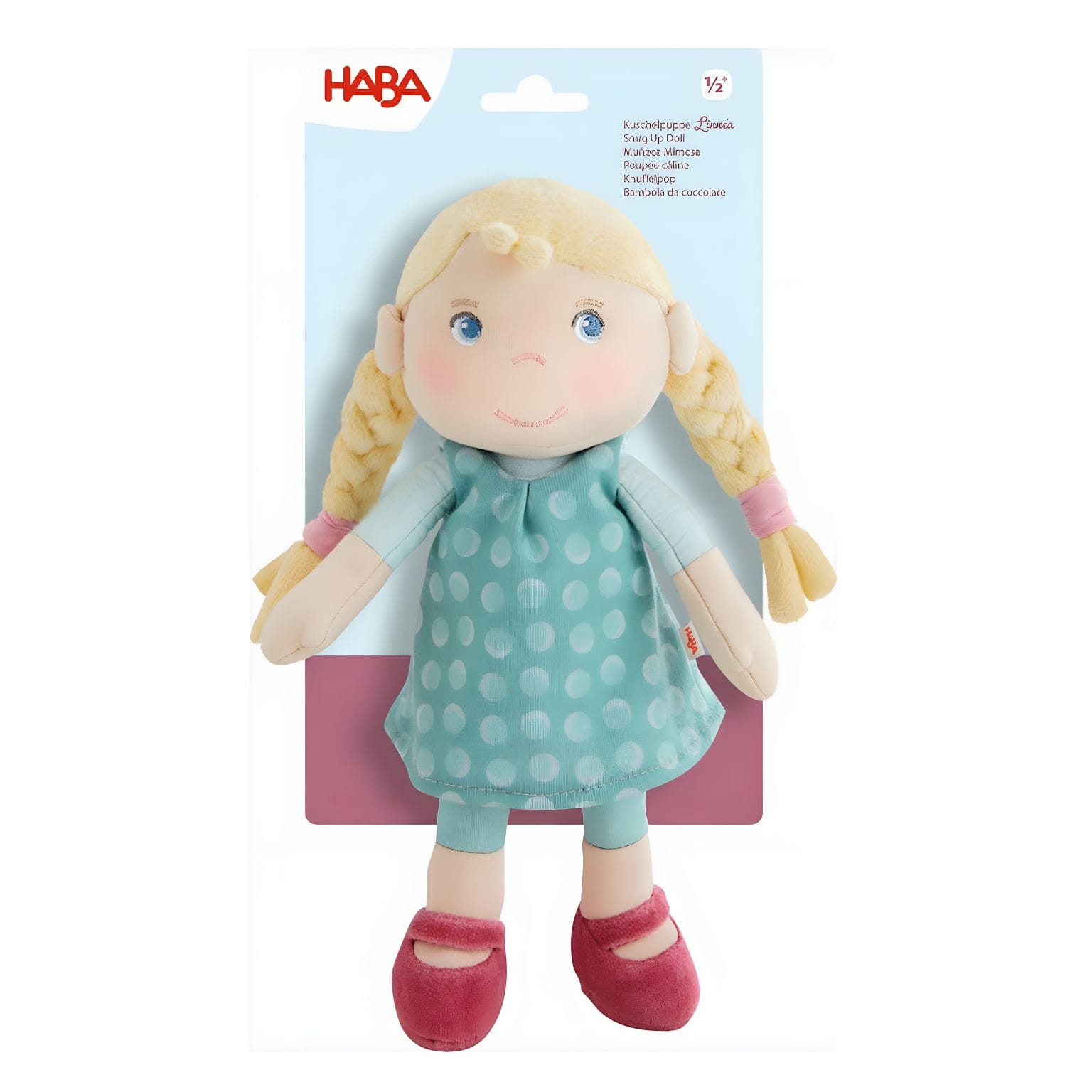 Boneca de pano para bebé Linnéa com expressão doce e mimosa