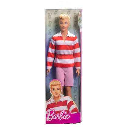 Ken doll with red and white striped shirt, pink shorts, and white sneakers