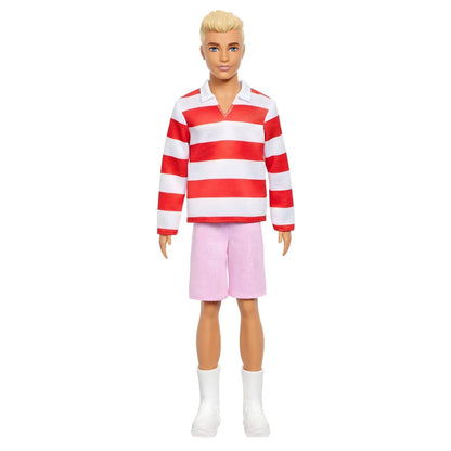 Ken doll with red and white striped shirt, pink shorts, and white sneakers
