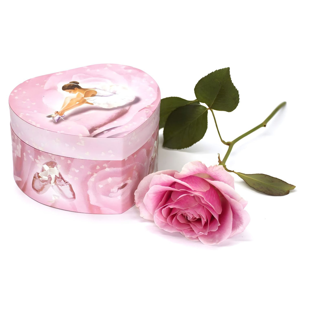 Guarda-joias em forma de coração fechado, com ilustração de bailarina e uma rosa ao lado