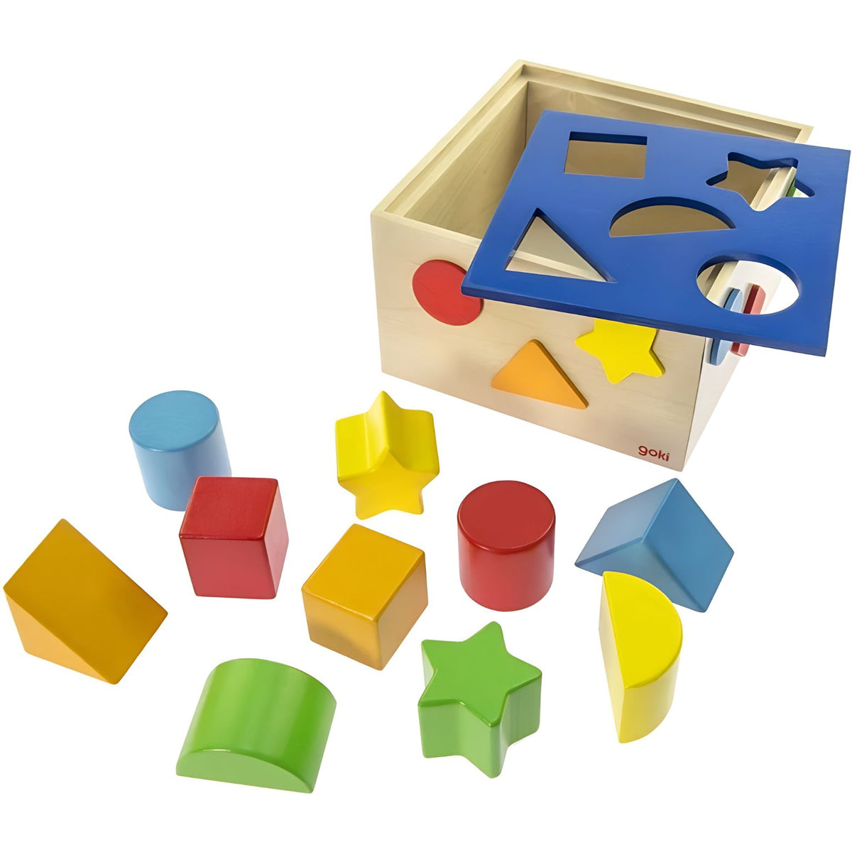 Conjunto de formas geométricas coloridas da Goki com a respetiva caixa.