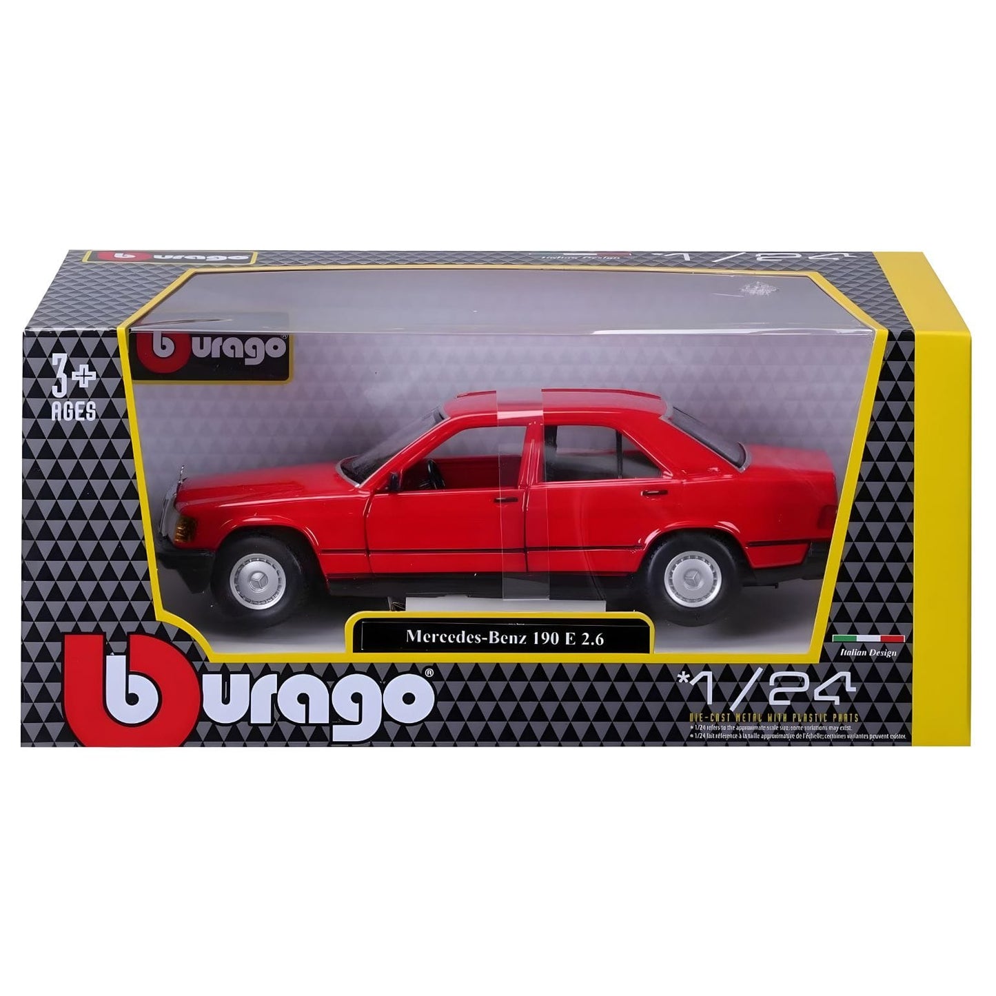 Carro de Brincar Mercedes 190 E 2.6 vermelho Bburago com portas abertas e embalagem original