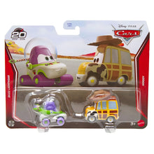 Disney Pixar Cars 20th-anniversary packaging with Buzz Lightyear and Woody miniature vehicles.