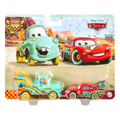 Blister Disney Pixar Cars com Lightning McQueen e Mater em cores de festa e ilustração das personagens