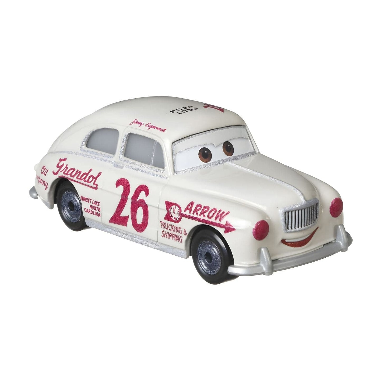Cars Disney Jimmy Lugwrench branco com número 26 e detalhes vermelhos