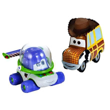 Buzz Lightyear and Woody Disney Pixar Cars miniatures side by side, styled after Toy Story.