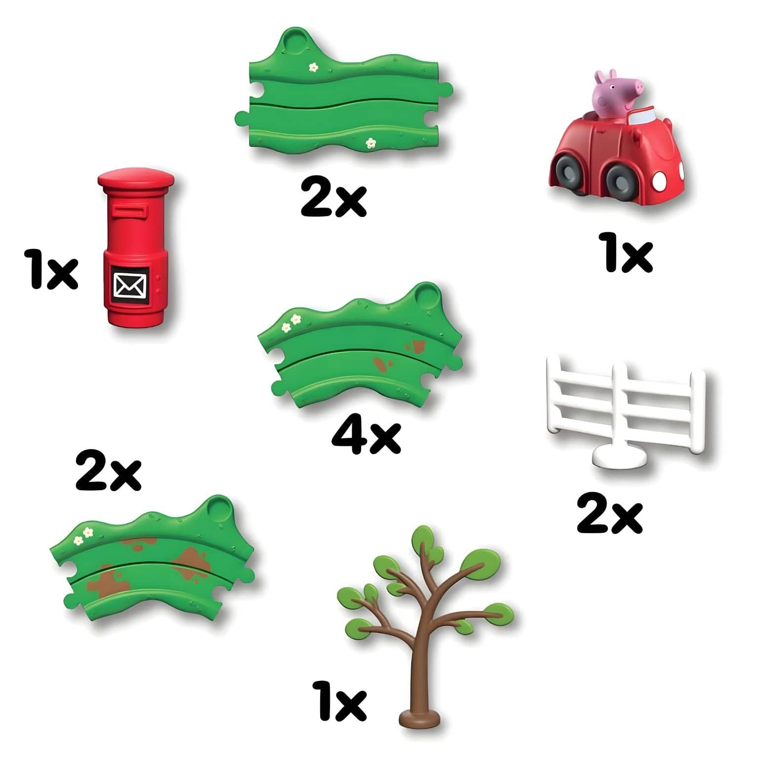 Circuito com Carro Vermelho da Peppa Pig com pista verde e carrinho vermelho