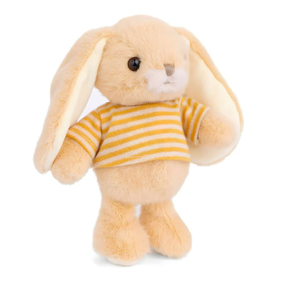 Yellow plush rabbit with white and yellow striped t-shirt