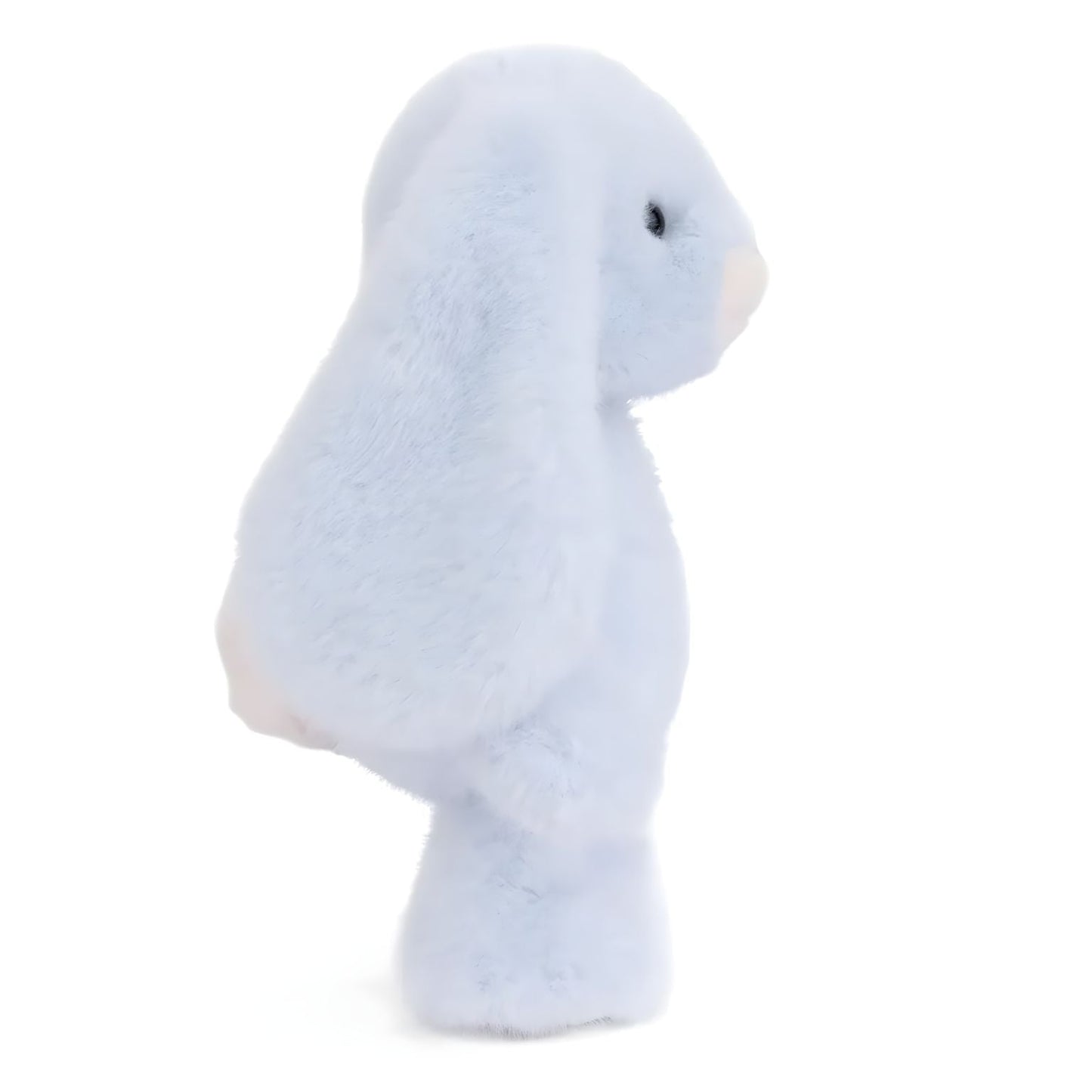 Coelho de peluche azul celestial com orelhas compridas, focinho creme e patas brancas