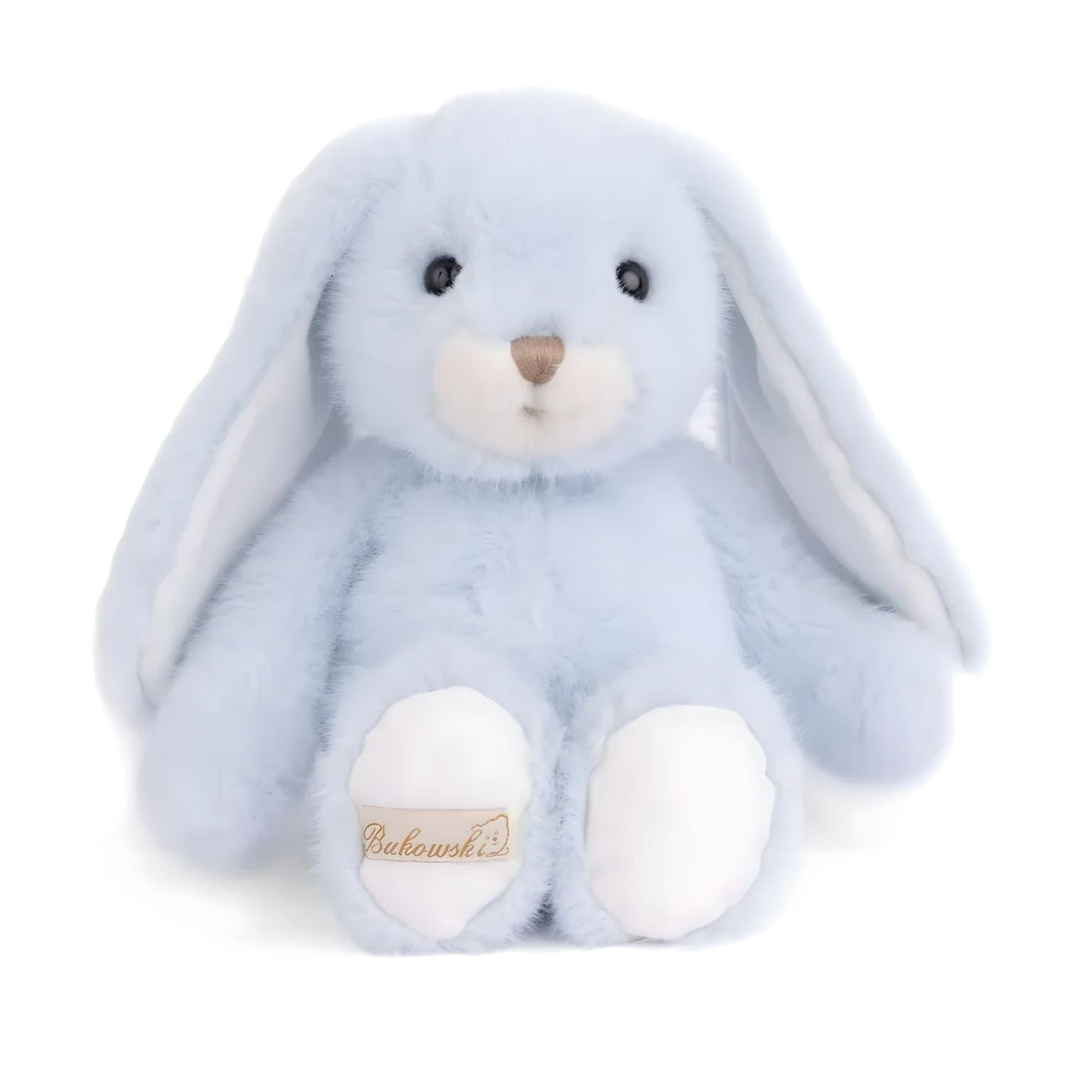 Coelho de peluche azul celestial com orelhas compridas, focinho creme e patas brancas
