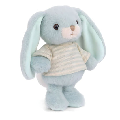 Blue plush rabbit with white and blue striped t-shirt