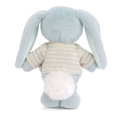 Blue plush rabbit with white and blue striped t-shirt