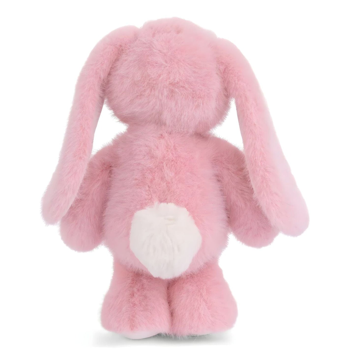 Coelho de peluche cor-de-rosa com orelhas compridas, focinho creme e patas brancas