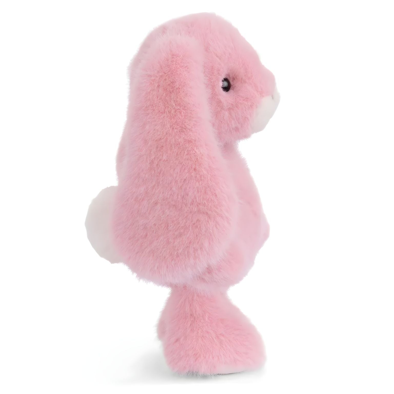 Coelho de peluche cor-de-rosa com orelhas compridas, focinho creme e patas brancas