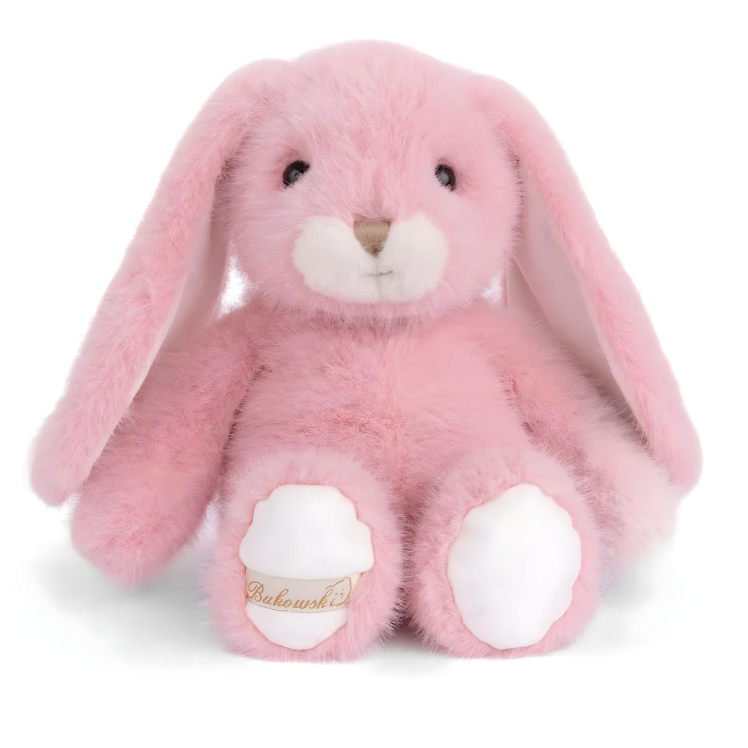 Coelho de peluche cor-de-rosa com orelhas compridas, focinho creme e patas brancas