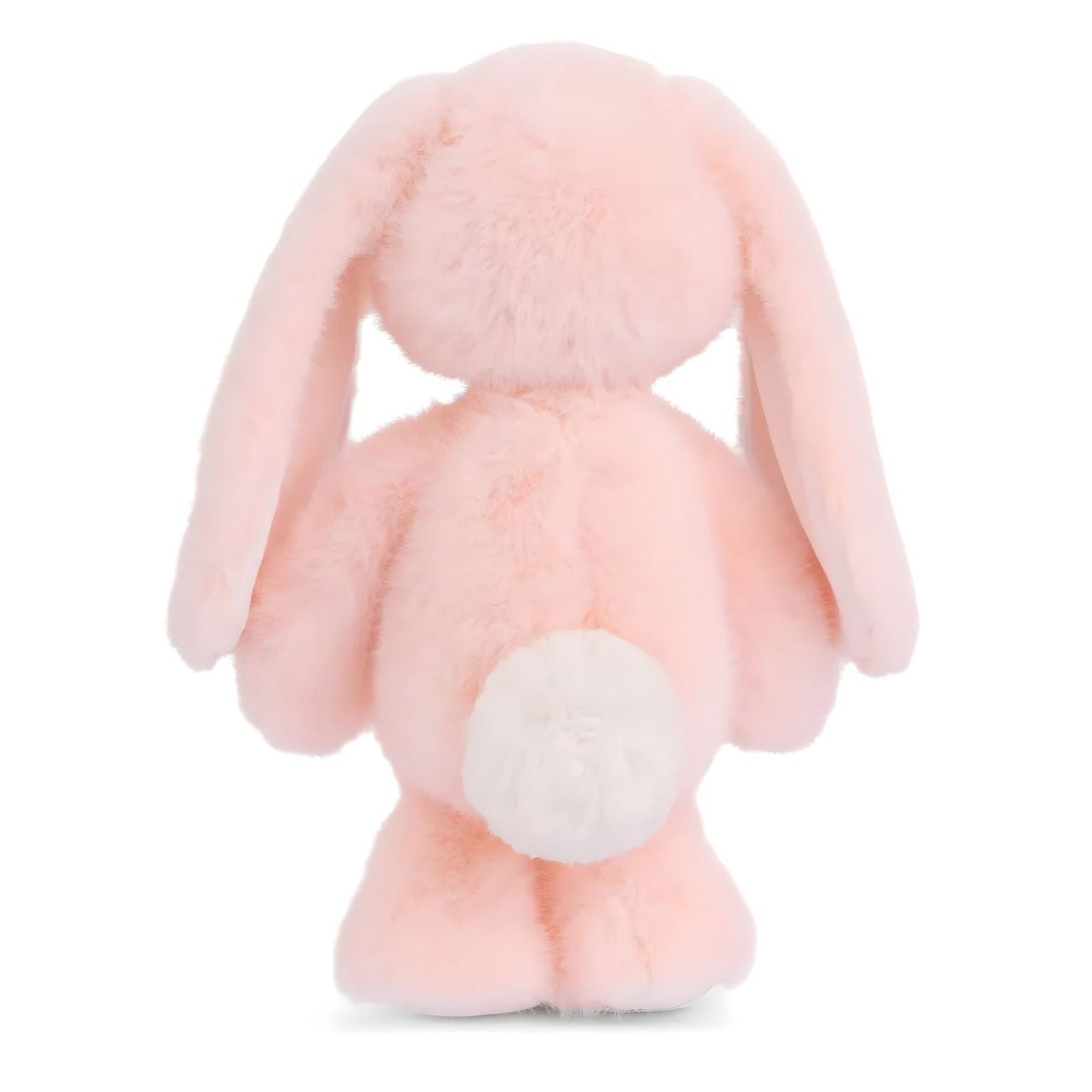 Coelho de peluche cor de pêssego com orelhas compridas, focinho creme e patas brancas