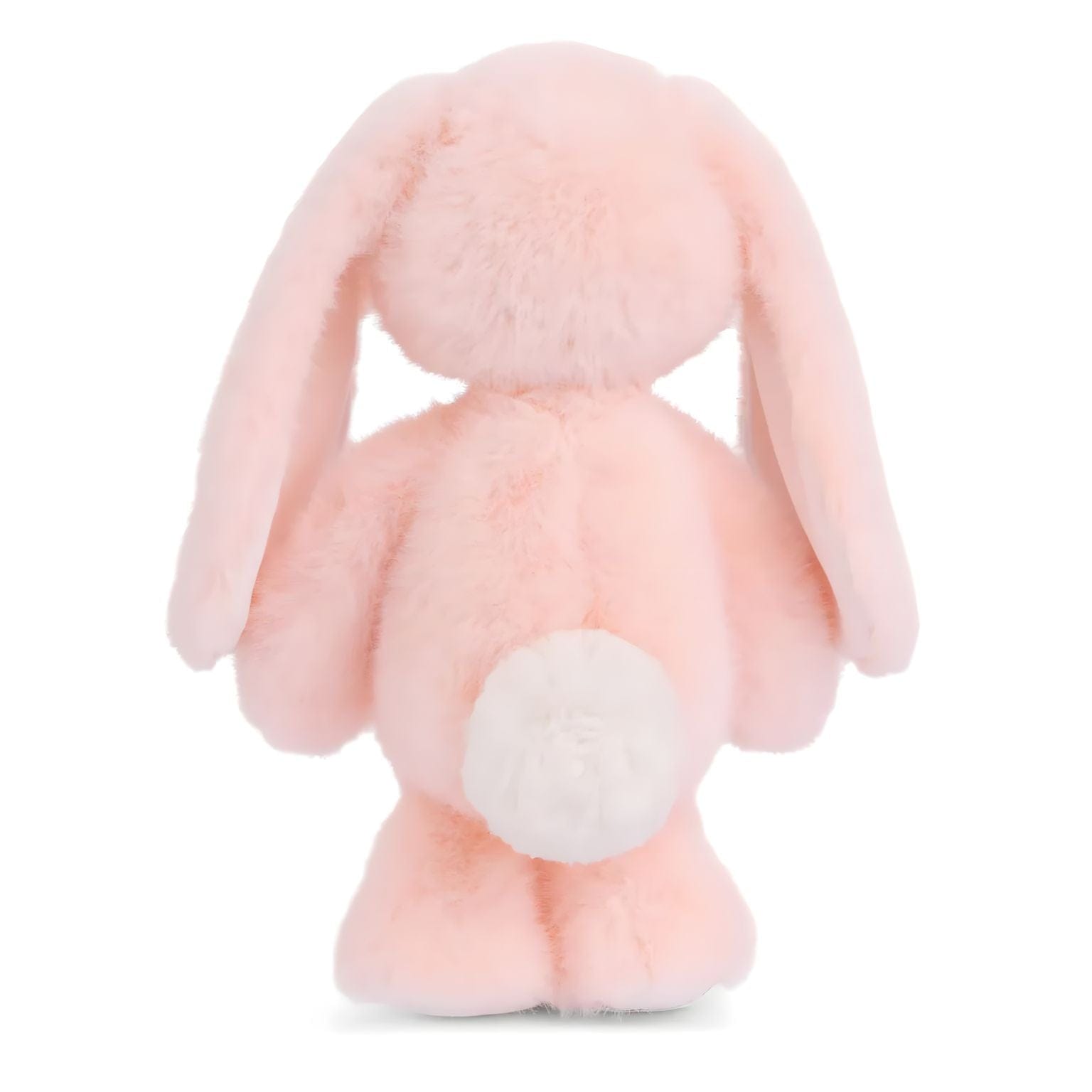 Coelho de peluche cor de pêssego com orelhas compridas, focinho creme e patas brancas