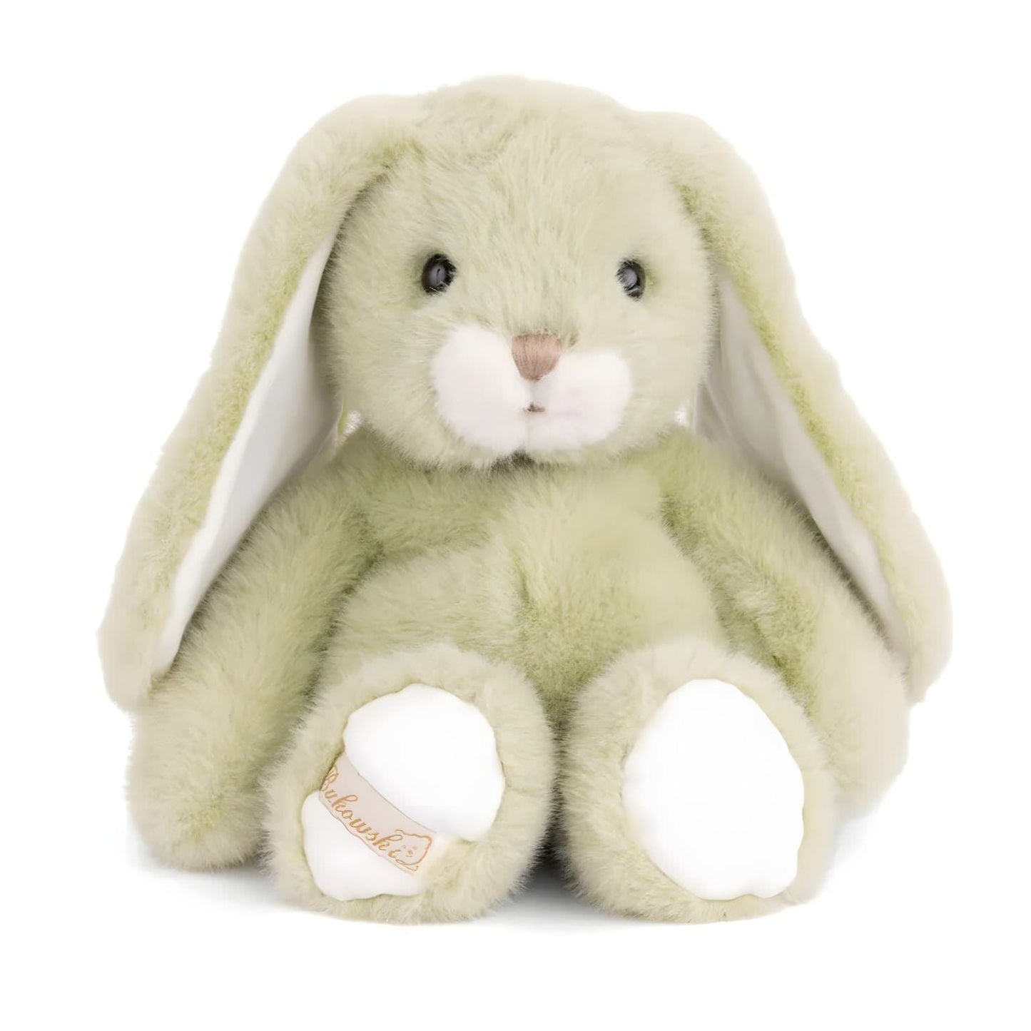 Coelho de peluche verde pálido com orelhas compridas, focinho creme e patas brancas