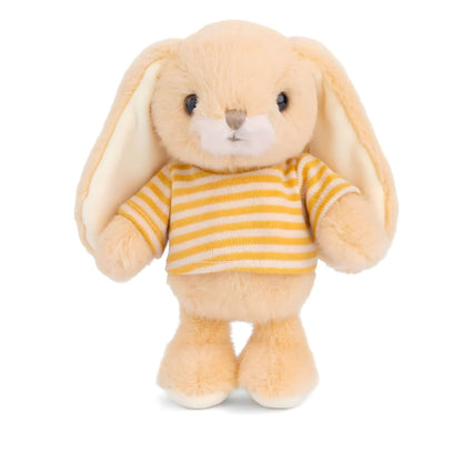Yellow plush rabbit with white and yellow striped t-shirt
