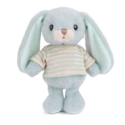 Blue plush rabbit with white and blue striped t-shirt