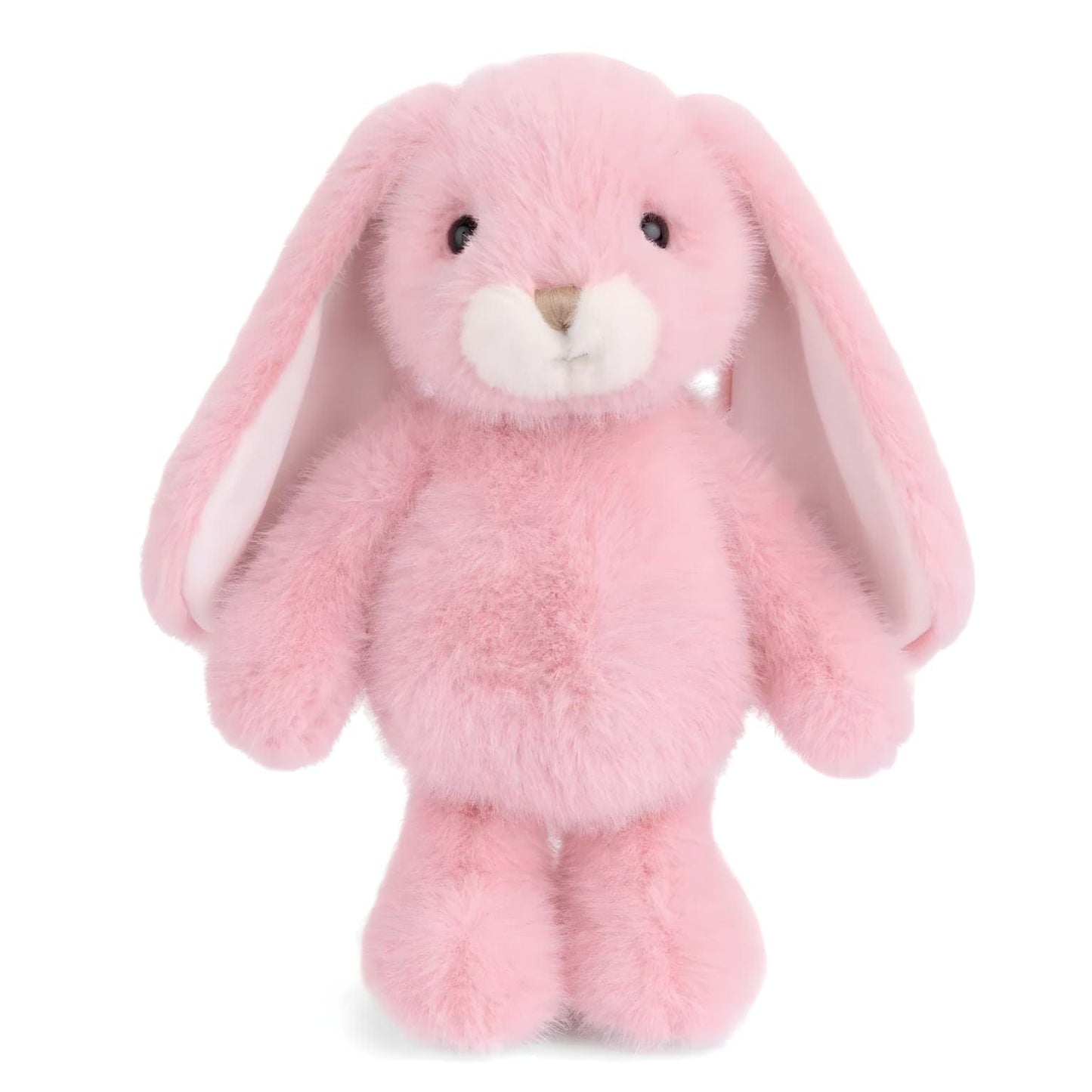 Coelho de peluche cor-de-rosa com orelhas compridas, focinho creme e patas brancas