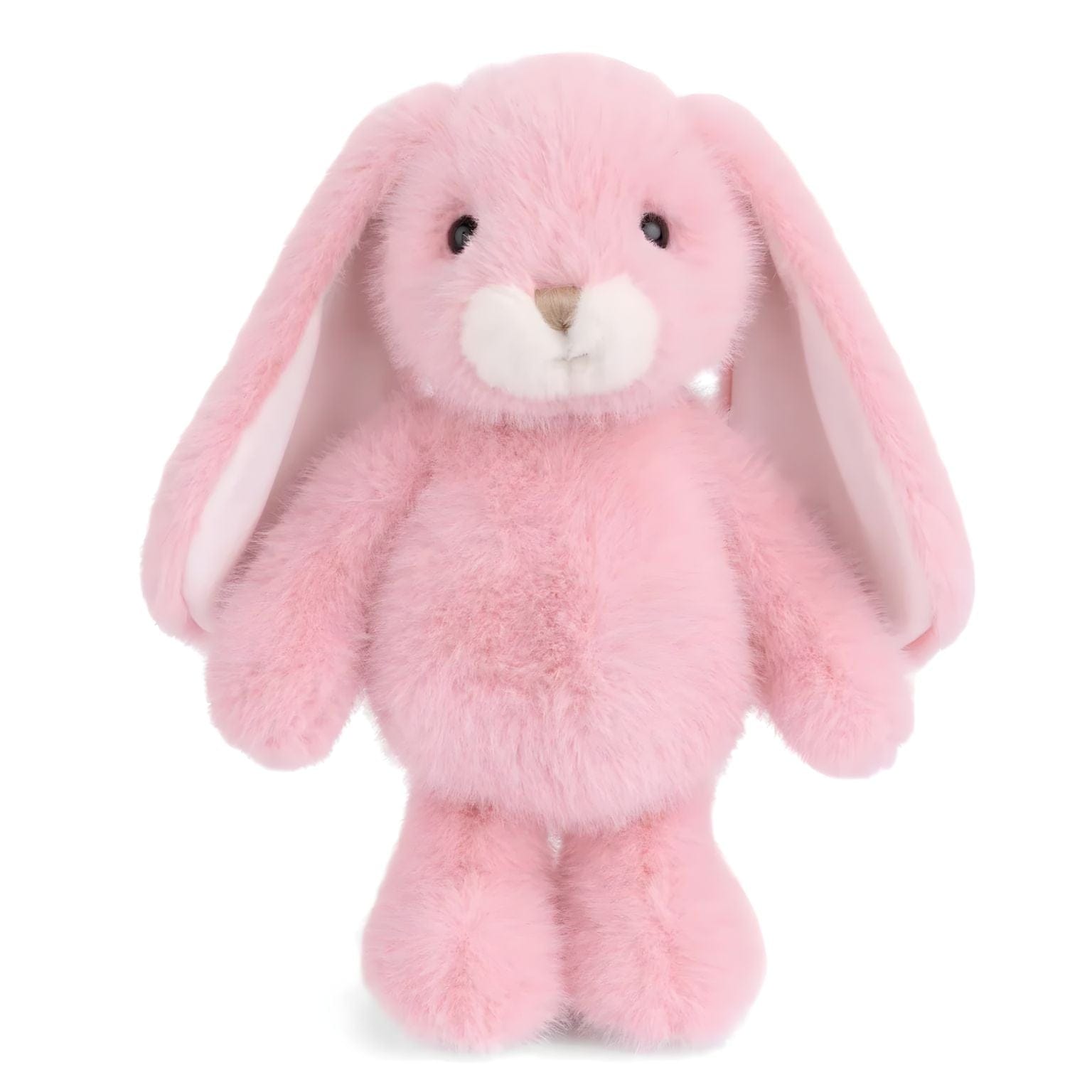 Coelho de peluche cor-de-rosa com orelhas compridas, focinho creme e patas brancas
